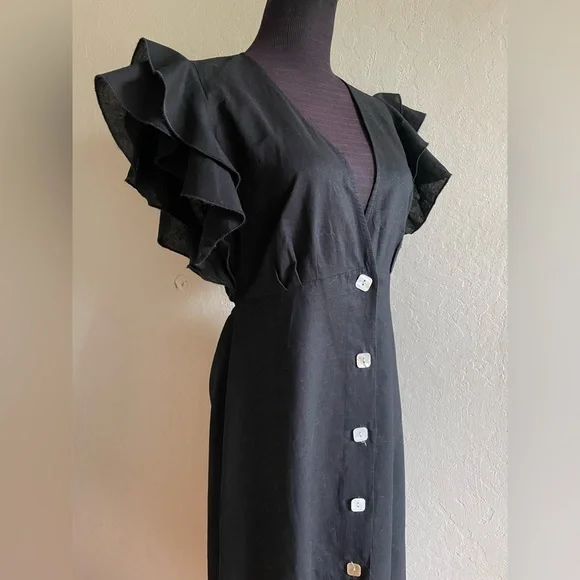 Linen cocktail Black Dress with Ruffle Sleeves - Picture 11 of 17